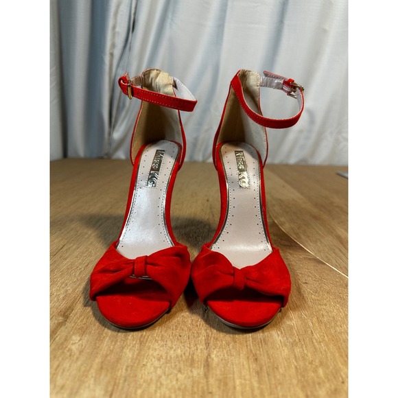 Red Suede Heels Miss KG Size 37 Ankle Strap Bow Stiletto Pumps Shoes - Picture 2 of 7